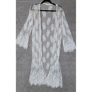 Active USA Lace Kimono Womens Large White Sheer Floral Boho Festival Duster